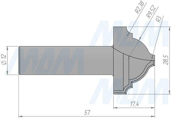 Размеры фрезы профильной D=28,5 H=17,4 S=12 Z=2 R1=9,52 (артикул C111-28-17S12)