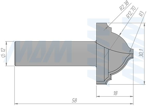 Размеры фрезы профильной D=30,1 H=18 S=12 Z=2 R1=12,7 (артикул C111-3018S12)