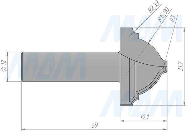 Размеры фрезы профильной D=31,7 H=19,1 S=12 Z=2 R1=15,9 (артикул C111-31-19S12)
