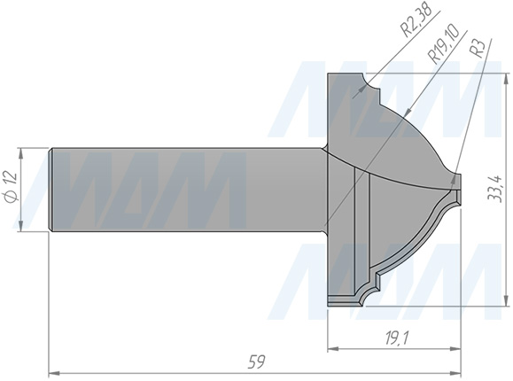 Размеры фрезы профильной D=33,4 H=19,1 S=12 Z=2 R1=19,1 (артикул C111-33-19S12)