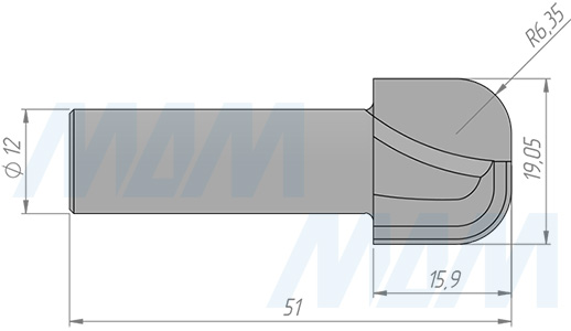 Размеры фрезы профильной D=19,05 H=15,9 S=12 Z=2 R1=6,35 (артикул C112-19-15S12)