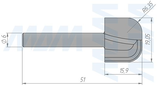 Размеры фрезы профильной D=19,05 H=15,9 S=6 Z=2 R1=6,35 (артикул C112-19-15S6)