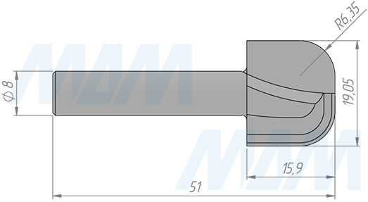 Размеры фрезы профильной D=19,05 H=15,9 S=8 Z=2 R1=6,35 (артикул C112-19-15S8)