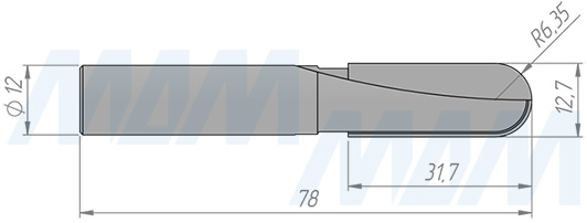 Размеры фрезы профильной D=12,7 H=31,7 S=12 Z=2 R1=6,35 (артикул C113-12-31S12)
