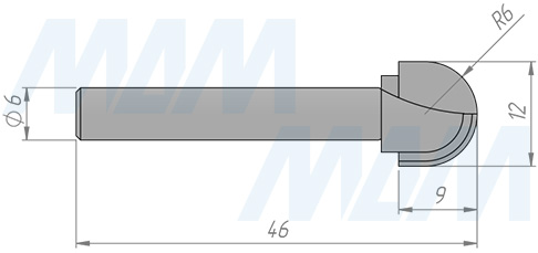 Размеры фрезы профильной D=12 H=9 S=6 Z=2 R1=6 (артикул C113-12-9S6)