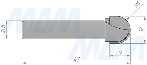 Размеры фрезы профильной D=12 H=9 S=8 Z=2 R1=6 (артикул C113-12-9S8)