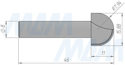 Размеры фрезы профильной D=15,88 H=11 S=8 Z=2 R1=8 (артикул C113-15-11S8)