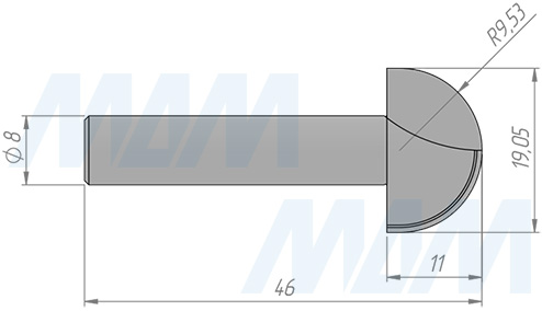 Размеры фрезы профильной D=19,05 H=11 S=8 Z=2 R1=9,5 (артикул C113-19-11S8)