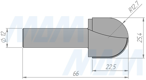 Размеры фрезы профильной D=25,4 H=22,5 S=12 Z=2 R1=12,7 (артикул C113-25-22S12)
