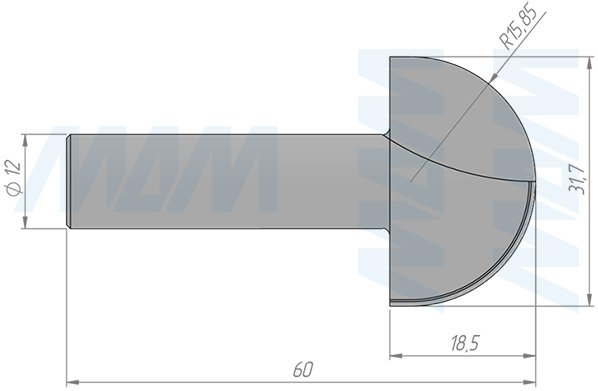 Размеры фрезы профильной D=31,7 H=18,5 S=12 Z=2 R1=16 (артикул C113-31-31S12)