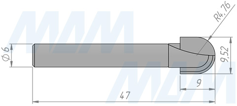 Размеры фрезы профильной D=9,52 H=9 S=6 Z=2 R1=6 (артикул C113-9-9S6)
