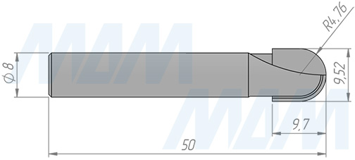 Размеры фрезы профильной D=9,52 H=9,7 S=8 Z=2 R1=4,8 (артикул C113-9-9S8)