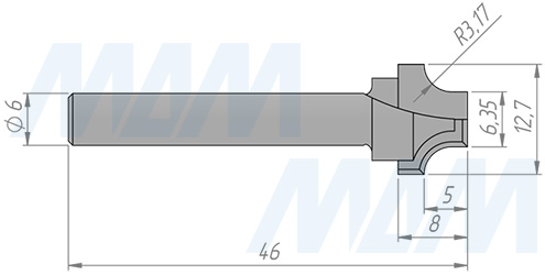 Размеры фрезы профильной  D=12,7 d=6,35 H=8 S=6 Z=2 R1=3,2 (артикул C115-12-8S6)
