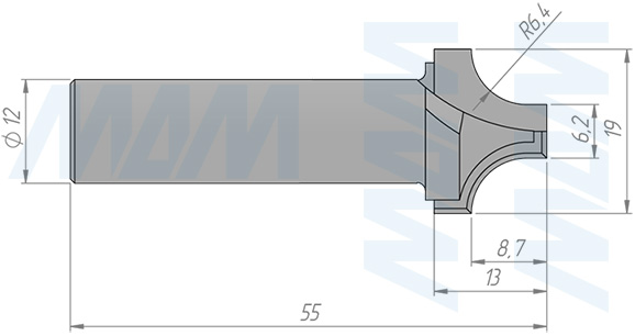 Размеры фрезы профильной D=19 d=12,7 H=13 S=12 Z=2 R1=6,4 (артикул C115-19-13S12)