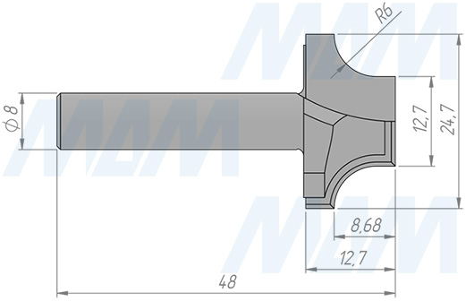 Размеры фрезы профильной D=24,7 d=12,7 H=12,7 S=8 Z=2 R1=6 (артикул C115-24-12S8)
