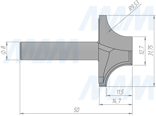 Размеры фрезы профильной D=31,75 d=12,7 H=14,7 S=8 Z=2 R1=9,53 (артикул C115-31-14S8)