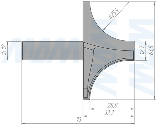 Размеры фрезы профильной D=63,5 d=12,7 H=33,3 S=12 Z=2 R1=25,4 (артикул C115-63-33S12)