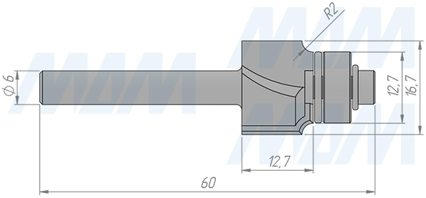 Размеры фрезы профильной D=16,7 H=12,7 S=6 Z=2 R1=2, подшипник 12,7 (артикул C116-16-12S6)