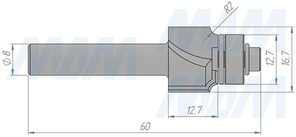 Размеры фрезы профильной с нижним подшипником D=22,2 H=12,7 S=8 Z=2 R1=4,76 подшипник 9,5 (артикул C116-16-12S8)