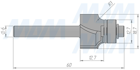 Размеры фрезы профильной D=18,7 H=12,7 S=6 Z=2 R1=3, подшипник 12,7 (артикул C116-18-12S6)