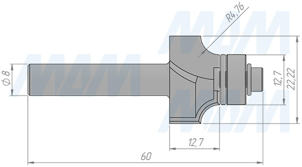 Размеры фрезы профильной D=22,2 H=12,7 S=8 Z=2 R1=4,76, подшипник 12,7 (артикул C116-22-12S8)