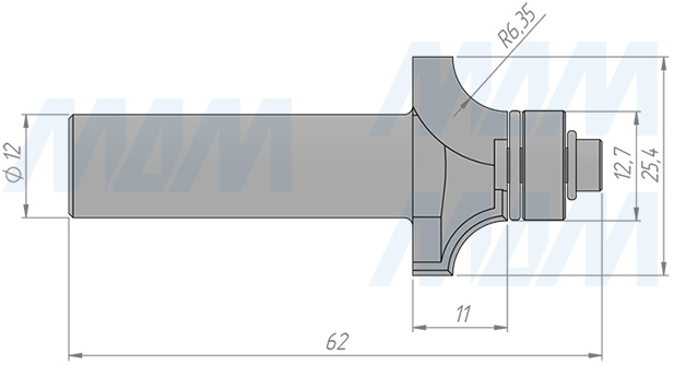 Размеры фрезы профильной D=25,7 H=11 S=12 Z=2 R1=6,35, подшипник 12,7 (артикул C116-25-11S12)