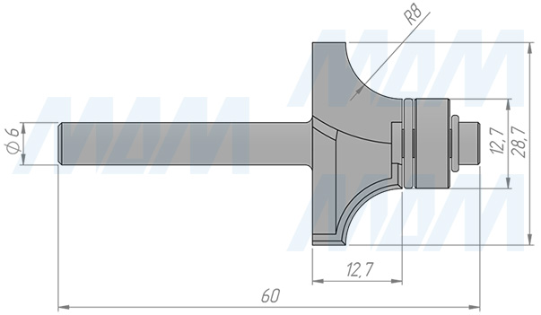 Размеры фрезы профильной D=28,58 H=12,7 S=6 Z=2 R1=8, подшипник 12,7 (артикул C116-28-12S6)