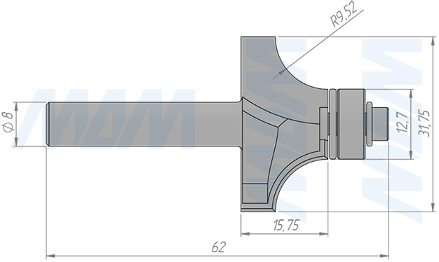 Размеры фрезы с нижним подшипником D=31,75 H=15,75 S=8 Z=2 R1=9,53, подшипник 12,7 (артикул C116-31-15S8)