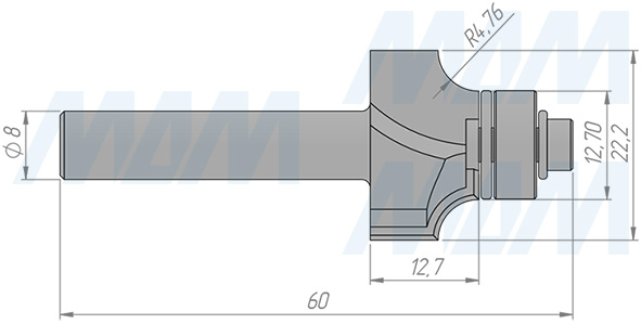 Размеры фрезы профильной с нижним подшипником D=22,2 H=12,7 S=8 Z=2 R1=4,76 подшипник 9,5 (артикул C117-22-12S8)