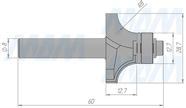 Размеры фрезы профильной с нижним подшипником D=28,6 H=12,7 S=8 Z=2 R1=8 подшипник 9,5 (артикул C117-28-12S8
)