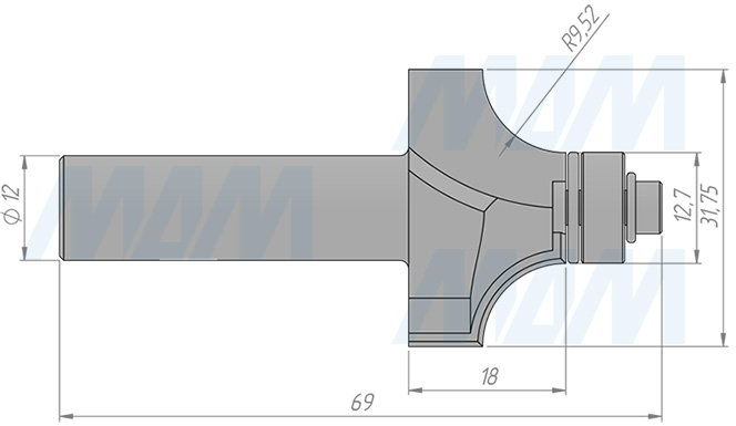 Размеры фрезы профильной D=31,75 H=18 S=12 Z=3 R1=9,53, подшипник 9,5 (артикул C117-31-18S12)
