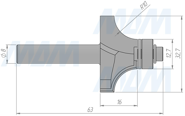 Размеры фрезы профильной с нижним подшипником D=32,7 H=16 S=8 Z=2 R1=10, подшипник 9,5 (артикул C117-32-16S8
)