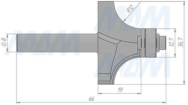 Размеры фрезы профильной с нижним подшипником D=36,7 H=19 S=8 Z=2 R1=12, подшипник 9,5 (артикул C117-36-19S8)