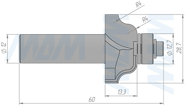 Размеры фрезы профильной с нижним подщипником D=27 H=13,3 S=12 Z=2 R1=4, подшипник 9,53 (артикул C118-27-13S12)