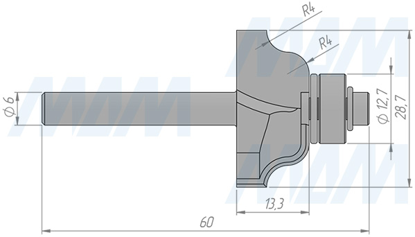 Размеры фрезы профильной D=27 H=13,3 S=6 Z=2 R1=4, подшипник 9,53 (артикул C118-27-13S6)
