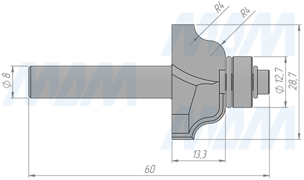 Размеры фрезы профильной с нижним подщипником D=27 H=13,3 S=8 Z=2 R1=4, подшипник 9,53 подшипник 9,53 (артикул C118-27-13S8)