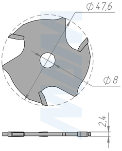 Размеры фрезы пазовой дисковой D=47,6 мм., d=7,94 мм., B=2,4 мм, Z=3 (артикул C118.324.R)