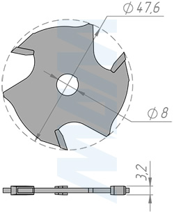 Размеры фрезы пазовой дисковой D=47,6 мм., d=7,94 мм., B=3,2 мм, Z=3 (артикул C118.332.R)