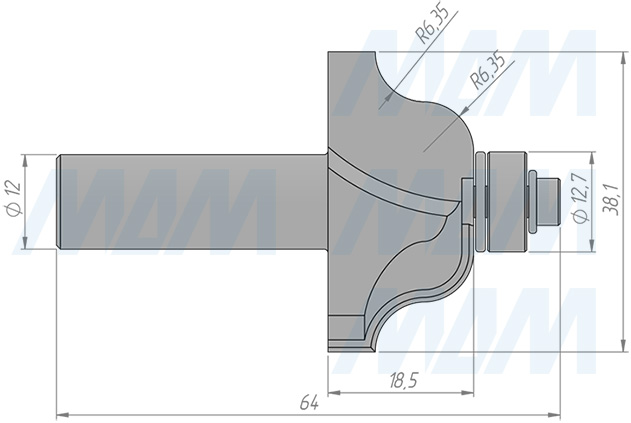 Размеры фрезы профильной с нижним подщипником D=35 H=18,5 S=12 Z=2 R1=6,35, подшипник 9,53 (артикул C118-35-18S12)