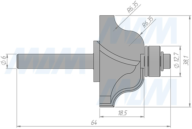 Размеры фрезы профильной с нижним подщипником D=35 H=18,5 S=6 Z=2 R1=6,35 подшипник 9,53 (артикул C118-35-18S6)
