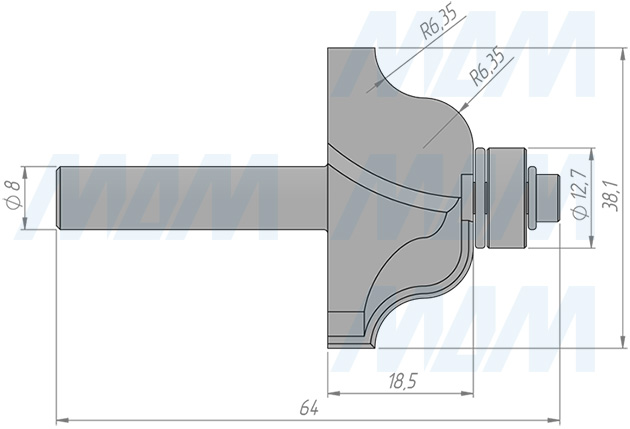 Размеры фрезы профильной с нижним подщипником D=35 H=18,5 S=8 Z=2 R1=6,35, подшипник 9,53 (артикул C118-35-18S8)