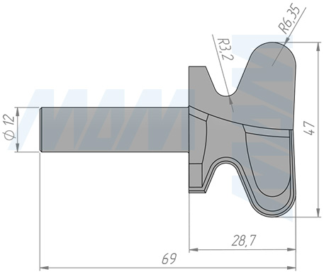 Размеры фрезы профильной D=47 H=28,7 S=12 Z=2 R1=3,2 R2=6,35 (артикул C119-47-28S12)