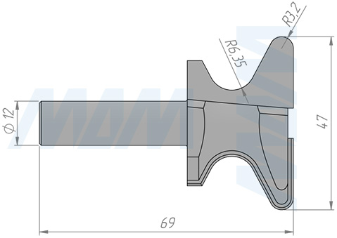 Размеры фрезы профильной D=47 H=28,7 S=12 Z=2 R1=3,2 R2=6,35 (артикул C120-47-28S12)