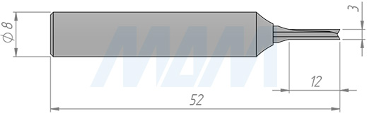 Размеры концевой пазовой фрезы D=3, H=12, S=8, Z=2 (артикул C122-3-12S8)