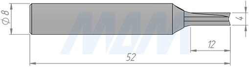 Размеры концевой пазовой фрезы D=4, H=12, S=8, Z=2 (артикул C122-4-12S8)