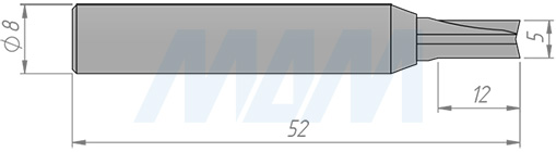 Размеры концевой пазовой фрезы D=5, H=12, S=8, Z=2 (артикул C122-5-12S8)
