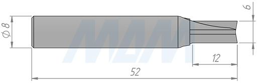 Размеры концевой пазовой фрезы D=6, H=12, S=8, Z=2 (артикул C122-6-12S8)