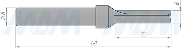 Размеры концевой пазовой фрезы  D=6, H=25, S=8, Z=2 (артикул C122-6-25S8)