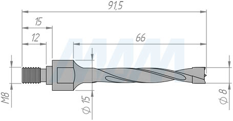 Размеры глухого сверла, D=8 мм, L=75 мм, RH серии Standard (артикул C875RH)