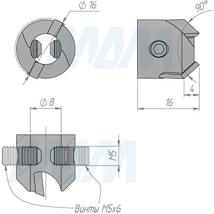 Размеры правого зенкера 8х16 (артикул CTSK816RH)